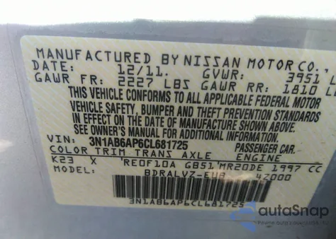 2012 Nissan Sentra 2.0 Sl z USA, uszkodzony, nr VIN 3N1AB6AP6CL681725